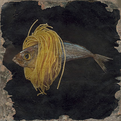 picture of a dead fish surrounded by Chinese noodles shot in studio Halet with a Mamiya medium format digital back Phase One