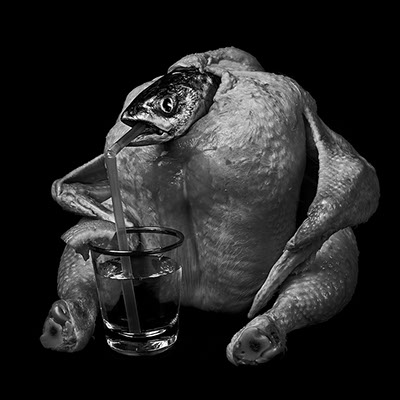 picture a chicken, a dead fish drinking with a straw a glass of alcool shot in studio Halet with a Mamiya medium format digital back Phase One
