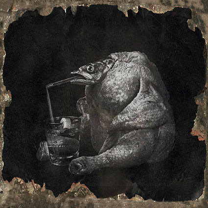 picture a chicken, a dead fish drinking with a straw a glass of alcool shot in studio Halet with a Mamiya medium format digital back Phase One